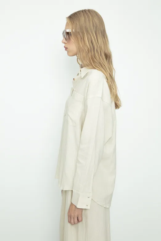 Bayan Ekru Keten Karışımlı Oversize Gömlek - BSL