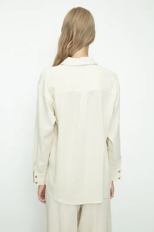 Bayan Ekru Keten Karışımlı Oversize Gömlek - BSL
