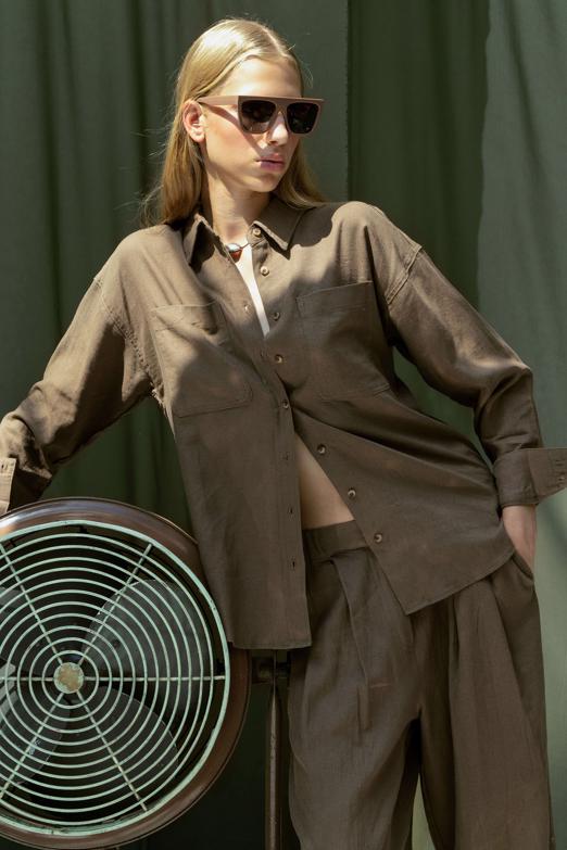 Bayan  Keten Karışımlı Oversize Gömlek