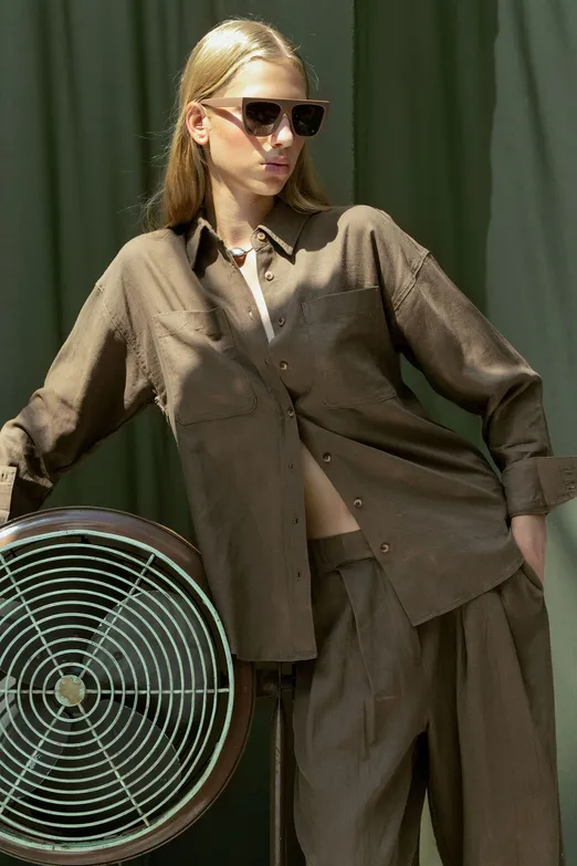 Bayan Kahverengi Keten Karışımlı Oversize Gömlek - BSL