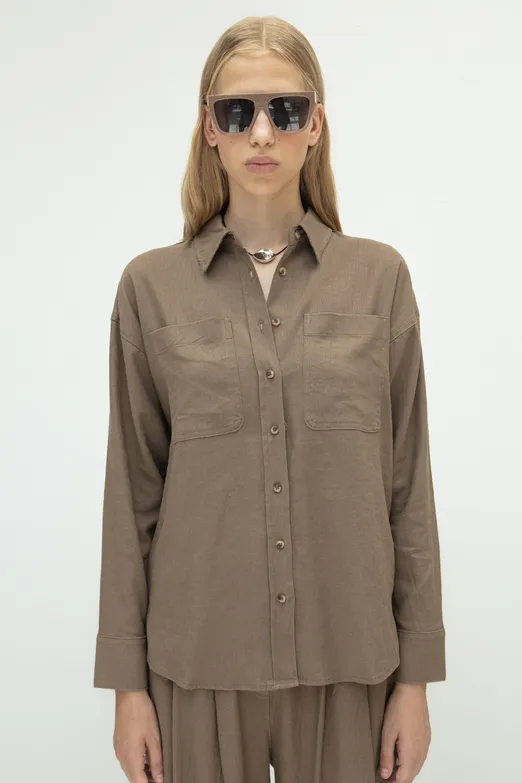 Bayan Kahverengi Keten Karışımlı Oversize Gömlek - BSL