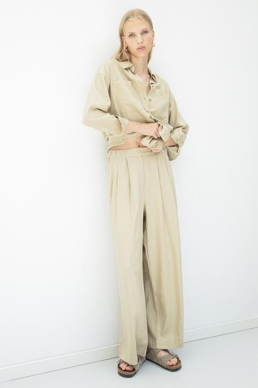 Bayan  Keten Karışımlı Pileli Bol Pantolon