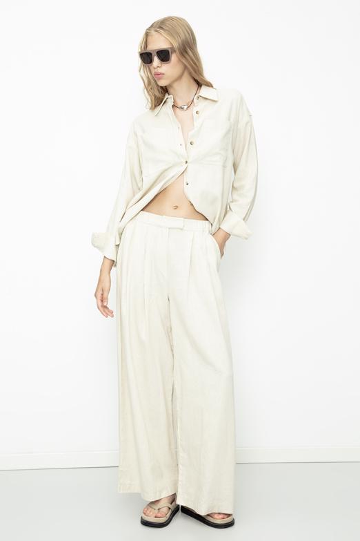 Bayan  Keten Karışımlı Pileli Bol Pantolon