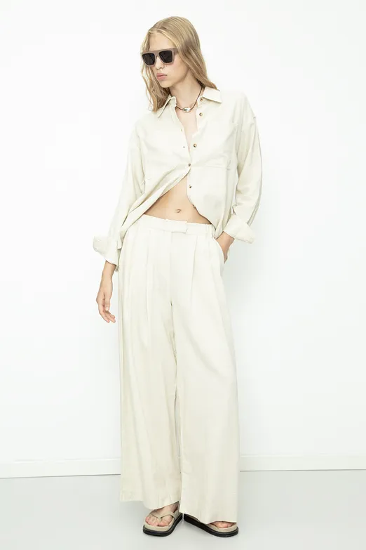 Bayan Ekru Keten Karışımlı Pileli Bol Pantolon - BSL