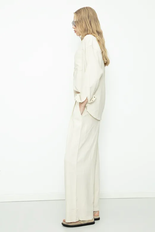 Bayan Ekru Keten Karışımlı Pileli Bol Pantolon - BSL