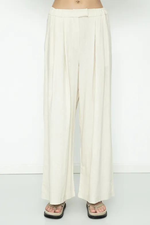 Bayan Ekru Keten Karışımlı Pileli Bol Pantolon - BSL