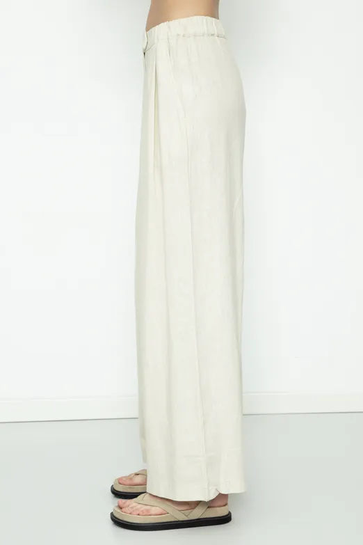 Bayan Ekru Keten Karışımlı Pileli Bol Pantolon - BSL