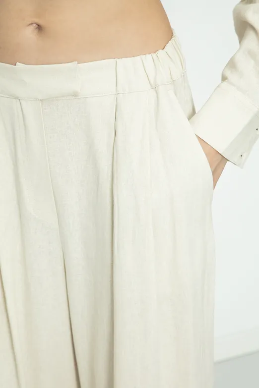 Bayan Ekru Keten Karışımlı Pileli Bol Pantolon - BSL