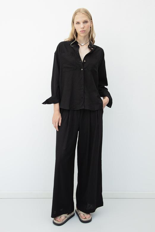 Bayan  Keten Karışımlı Pileli Bol Pantolon