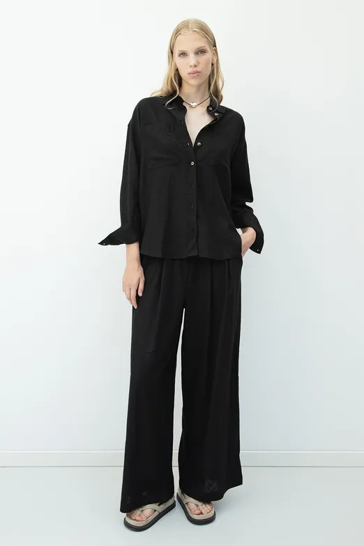 Bayan Siyah Keten Karışımlı Pileli Bol Pantolon - BSL
