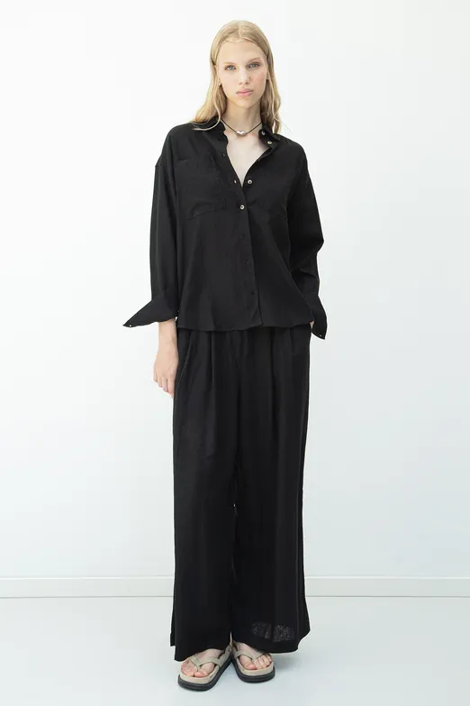 Bayan Siyah Keten Karışımlı Pileli Bol Pantolon - BSL
