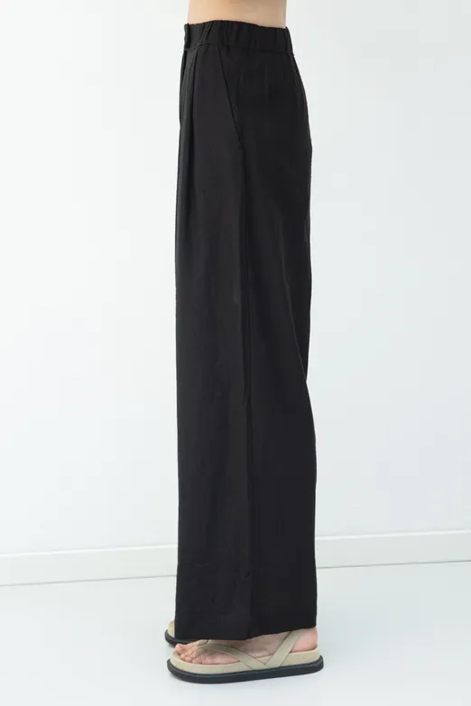 Bayan Siyah Keten Karışımlı Pileli Bol Pantolon - BSL