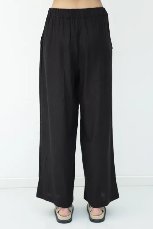 Bayan Siyah Keten Karışımlı Pileli Bol Pantolon - BSL