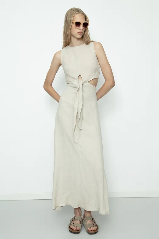 Bayan Bej % 100 Keten Bağcık Detaylı Midi Elbise - BSL