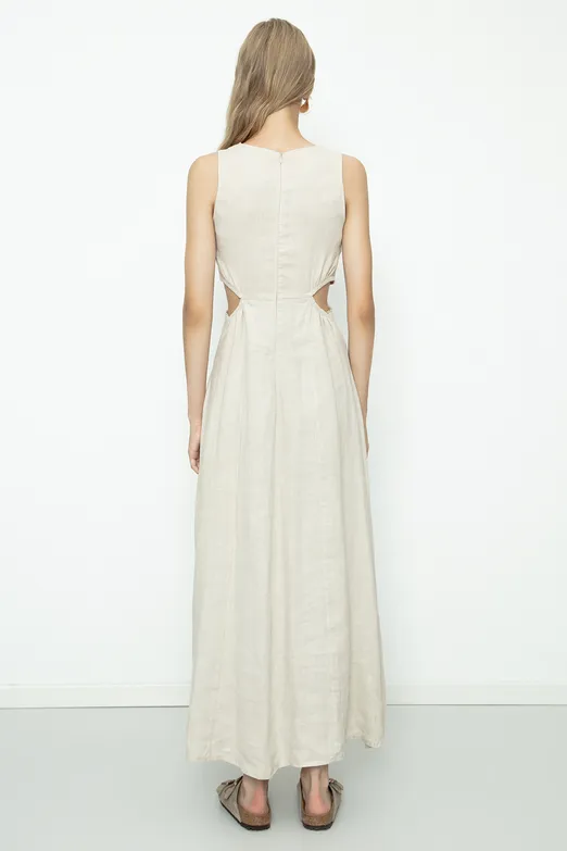 Bayan Bej % 100 Keten Bağcık Detaylı Midi Elbise - BSL