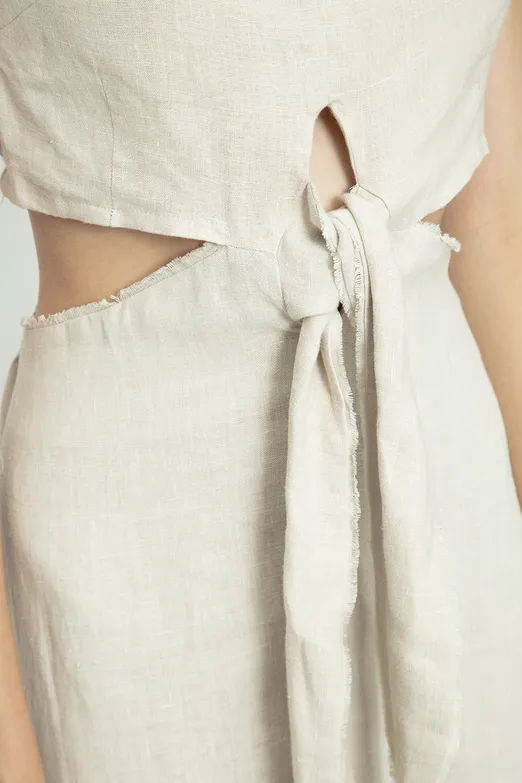 Bayan Bej % 100 Keten Bağcık Detaylı Midi Elbise - BSL