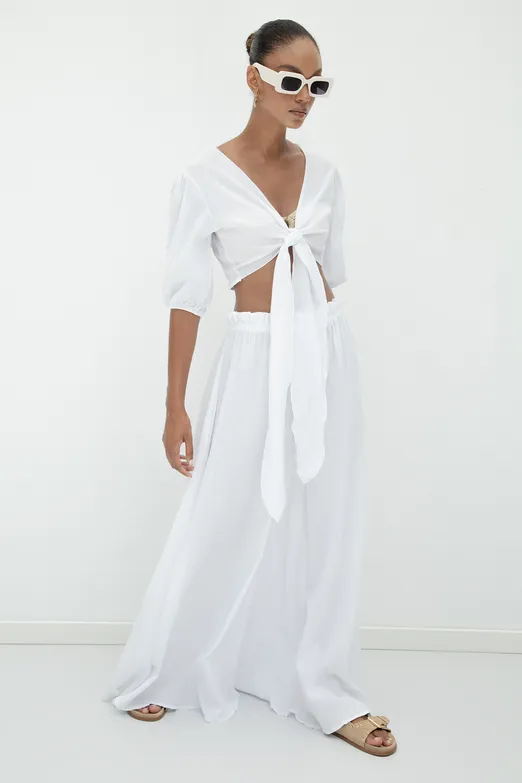 Bayan Beyaz %100 Cotton Bol Pantolon - BSL