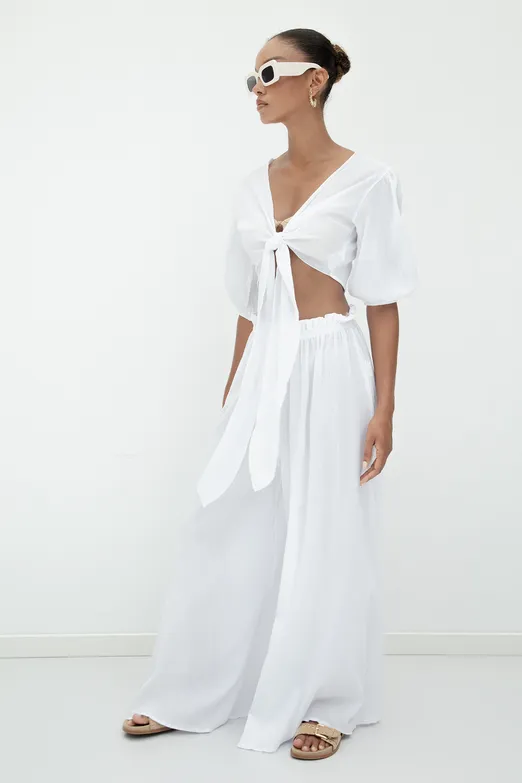 Bayan Beyaz %100 Cotton Bol Pantolon - BSL