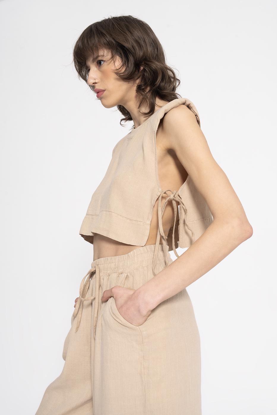 %100 Keten Yandan Bağcıklı Crop Bluz