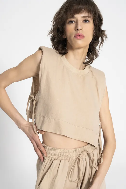 Bayan Bej %100 Keten Yandan Bağcıklı Crop Bluz - BSL