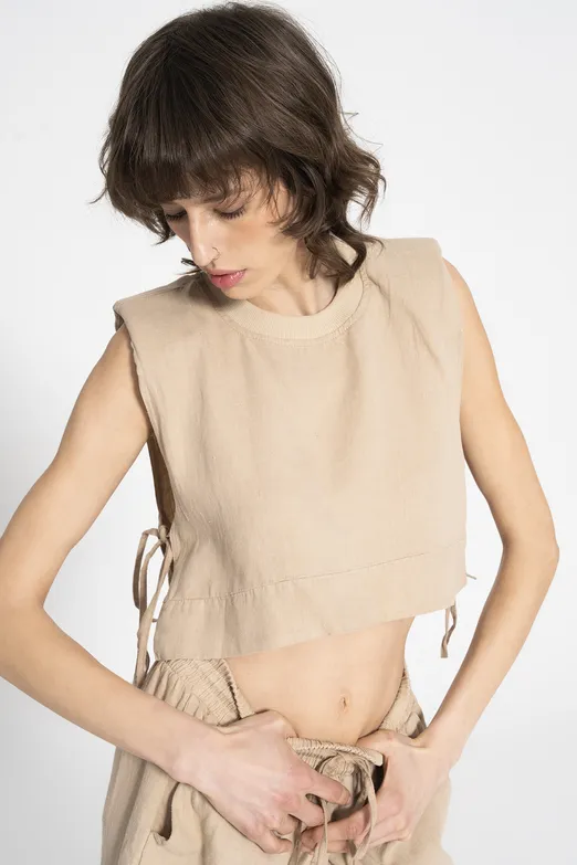 Bayan Bej %100 Keten Yandan Bağcıklı Crop Bluz - BSL