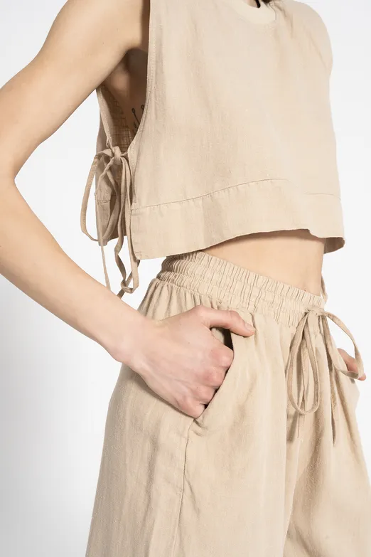 Bayan Bej %100 Keten Yandan Bağcıklı Crop Bluz - BSL