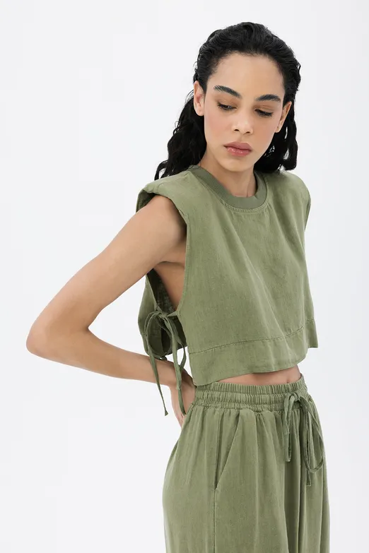 Bayan Yeşil %100 Keten Yandan Bağcıklı Crop Bluz - BSL