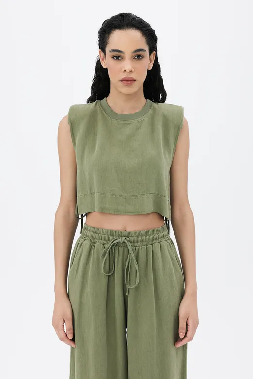 Bayan Yeşil %100 Keten Yandan Bağcıklı Crop Bluz - BSL