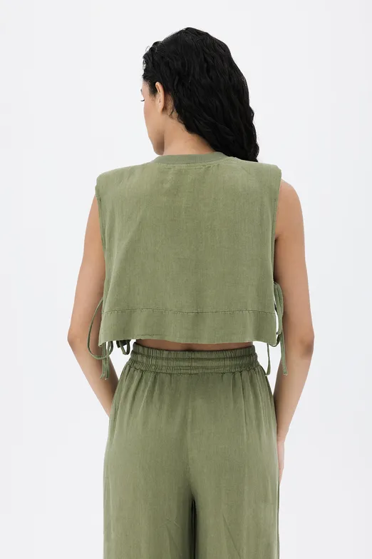 Bayan Yeşil %100 Keten Yandan Bağcıklı Crop Bluz - BSL