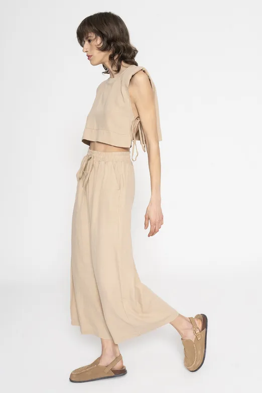 Bayan Bej %100 Keten Düz Kesim Bol Pantolon - BSL