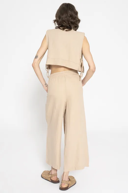 Bayan Bej %100 Keten Düz Kesim Bol Pantolon - BSL