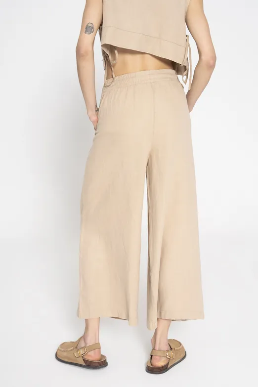 Bayan Bej %100 Keten Düz Kesim Bol Pantolon - BSL