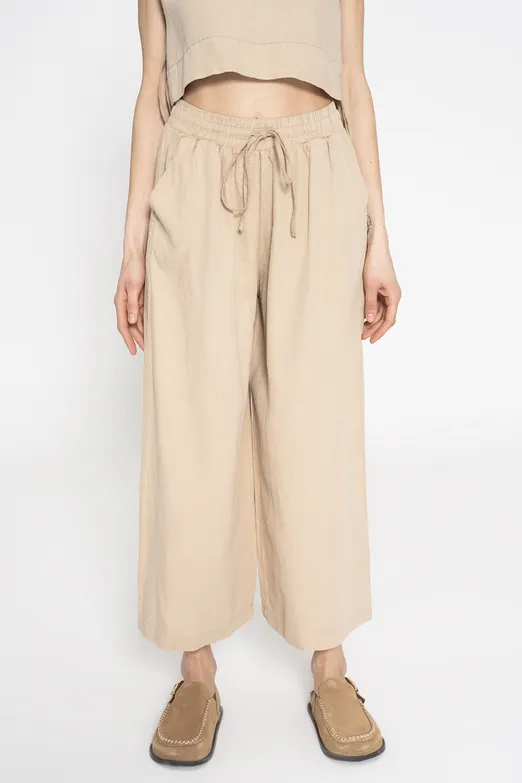 Bayan Bej %100 Keten Düz Kesim Bol Pantolon - BSL