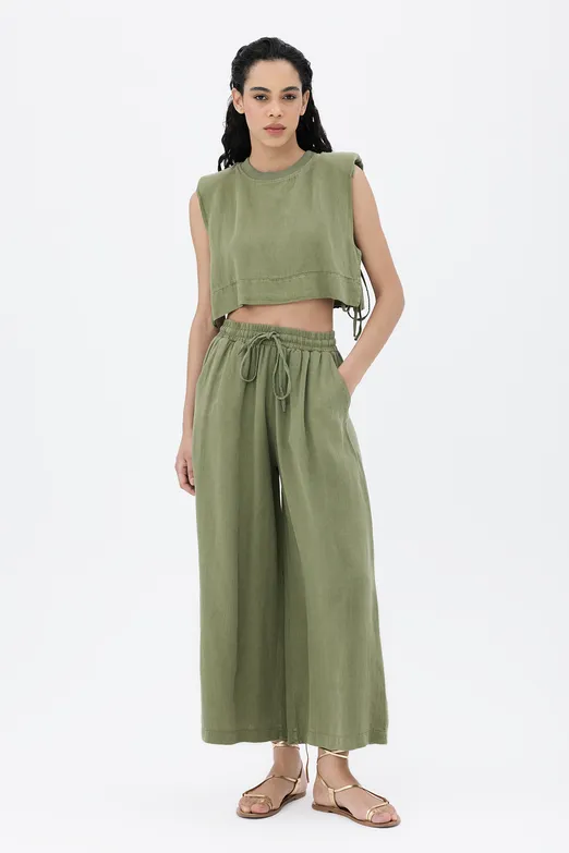 Bayan Yeşil %100 Keten Düz Kesim Bol Pantolon - BSL