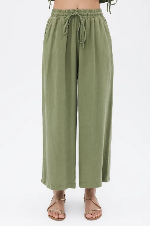 Bayan Yeşil %100 Keten Düz Kesim Bol Pantolon - BSL