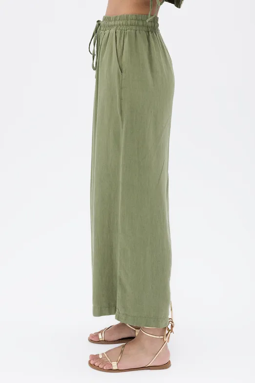 Bayan Yeşil %100 Keten Düz Kesim Bol Pantolon - BSL
