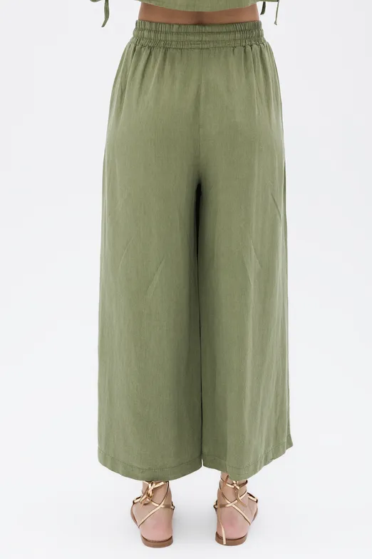 Bayan Yeşil %100 Keten Düz Kesim Bol Pantolon - BSL