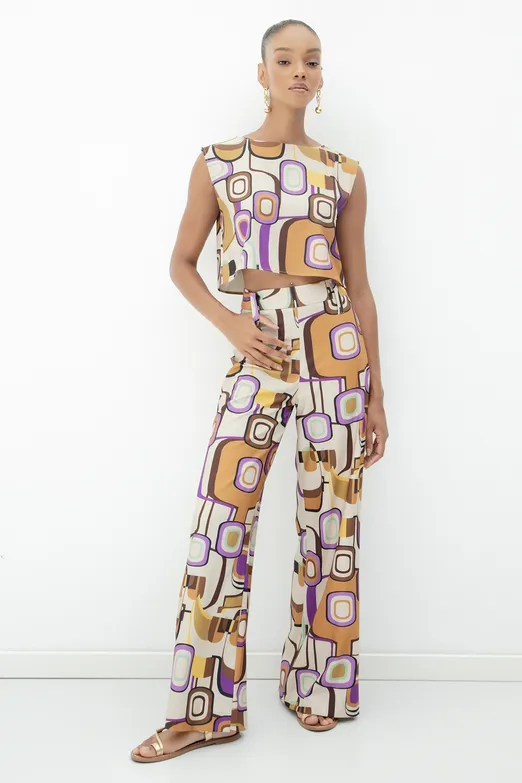 Bayan Krem Desenli Geniş Paça Pantolon - BSL