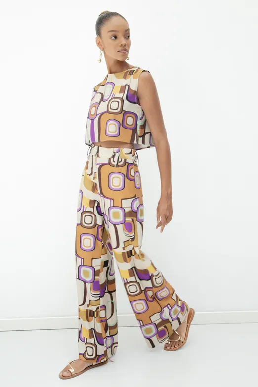 Bayan Krem Desenli Geniş Paça Pantolon - BSL