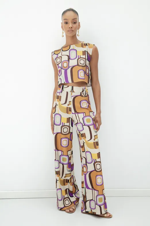 Bayan Krem Desenli Geniş Paça Pantolon - BSL