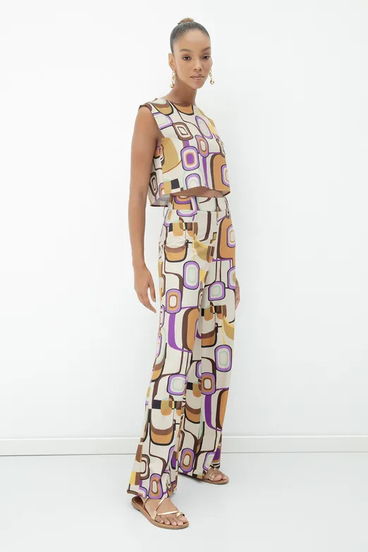 Bayan Krem Desenli Geniş Paça Pantolon - BSL