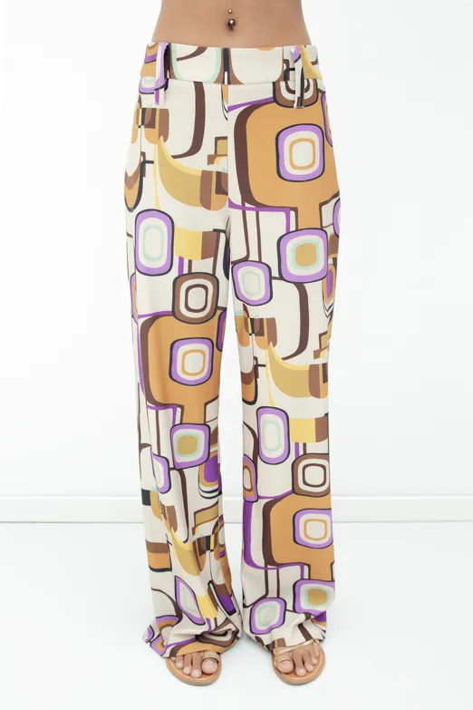 Bayan Krem Desenli Geniş Paça Pantolon - BSL
