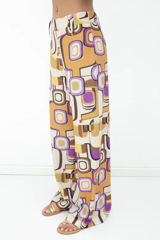 Bayan Krem Desenli Geniş Paça Pantolon - BSL