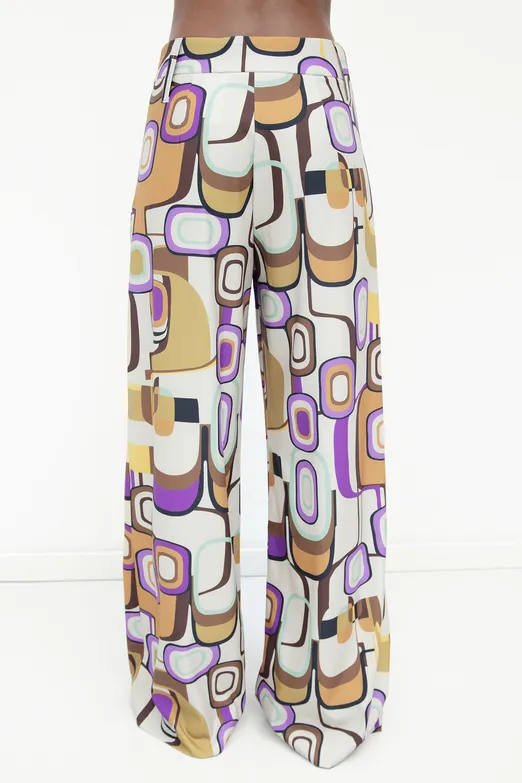 Bayan Krem Desenli Geniş Paça Pantolon - BSL