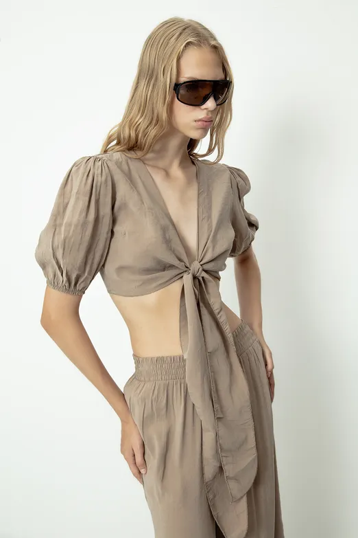 Bayan Kahverengi Modal Bağlama Detaylı Crop Bluz - BSL