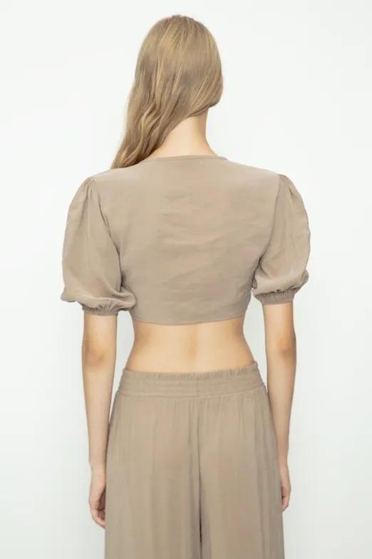 Bayan Kahverengi Modal Bağlama Detaylı Crop Bluz - BSL