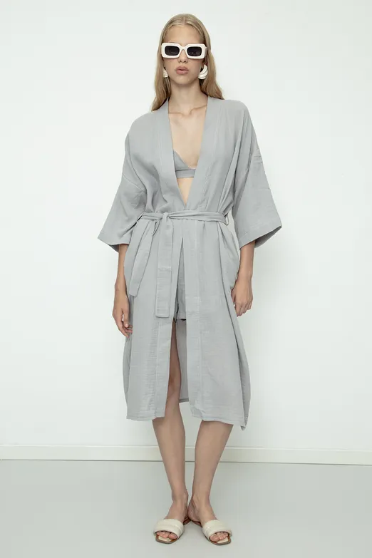 Bayan Gri %100 Cotton Müslin  Kimono - BSL