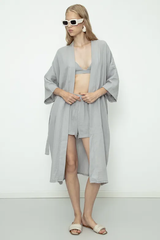 Bayan Gri %100 Cotton Müslin  Kimono - BSL