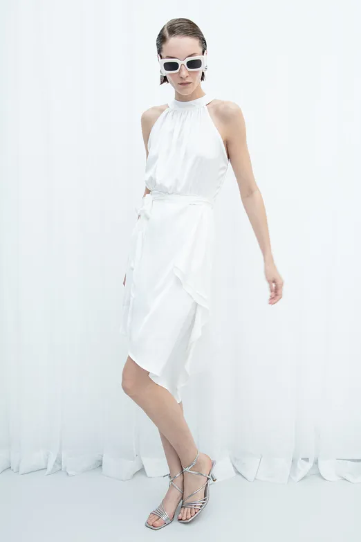 Bayan Ekru Asimetrik Etek Ucu Detaylı Saten Elbise - BSL