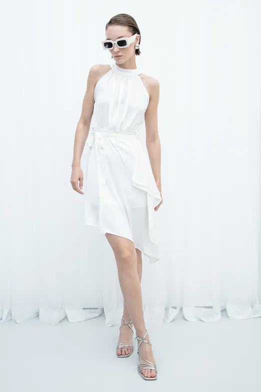 Bayan Ekru Asimetrik Etek Ucu Detaylı Saten Elbise - BSL